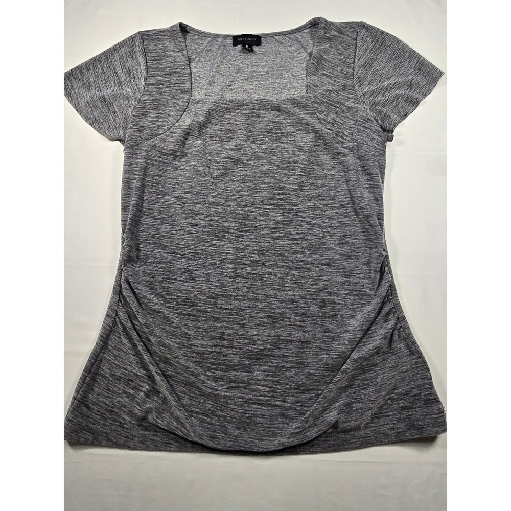 AB Studio Womens Grey Square Neck Ruched Short‎ Sleeve Top Blouse Size M